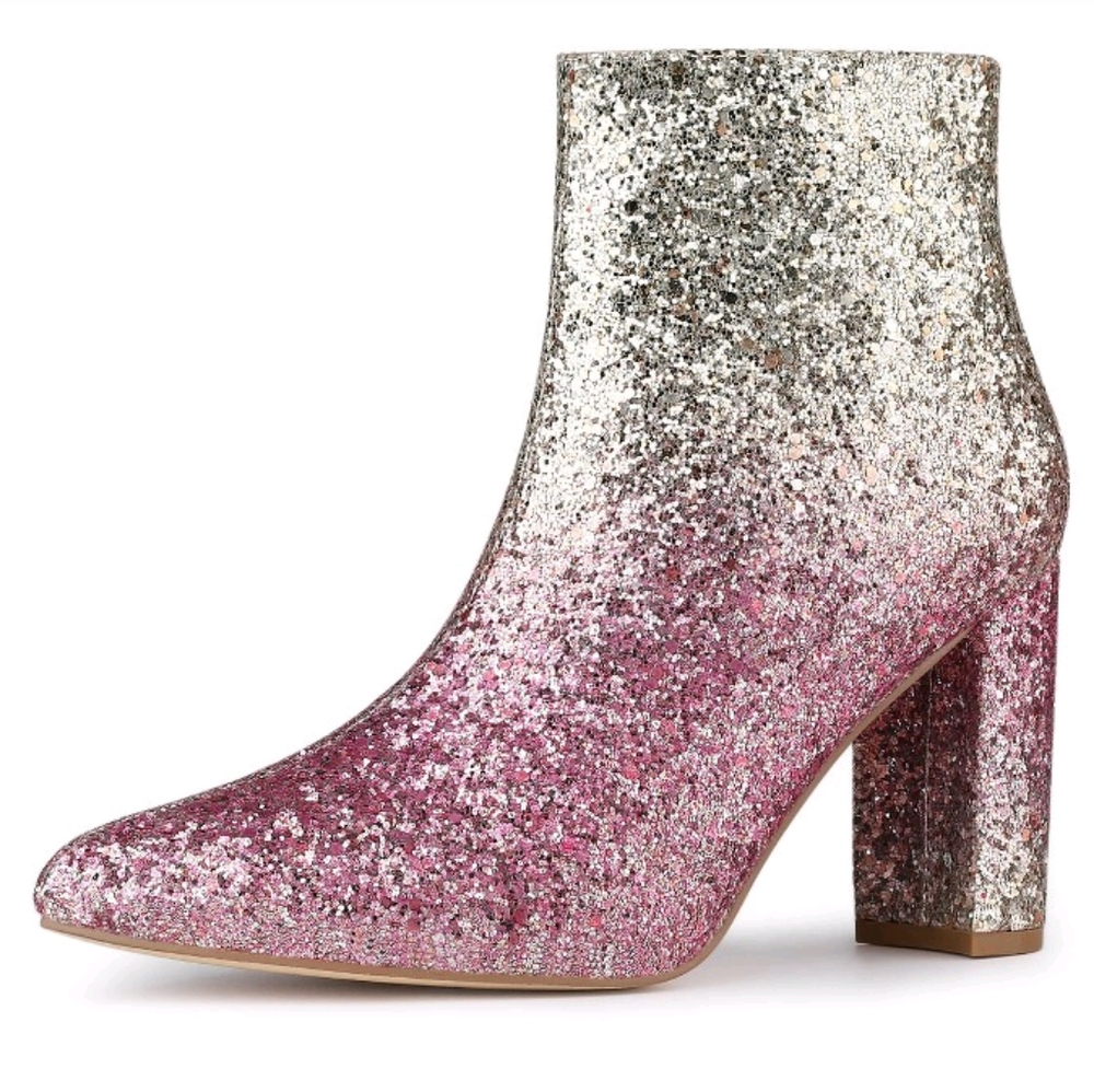Women's Pink Glitter Pointy Toe Chunky Heel Ankle Boots
